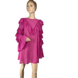Karlie Pink Sheer Tiered Ruffle Sleeves & Neckline Sheer Boho Festival Dress‎ L